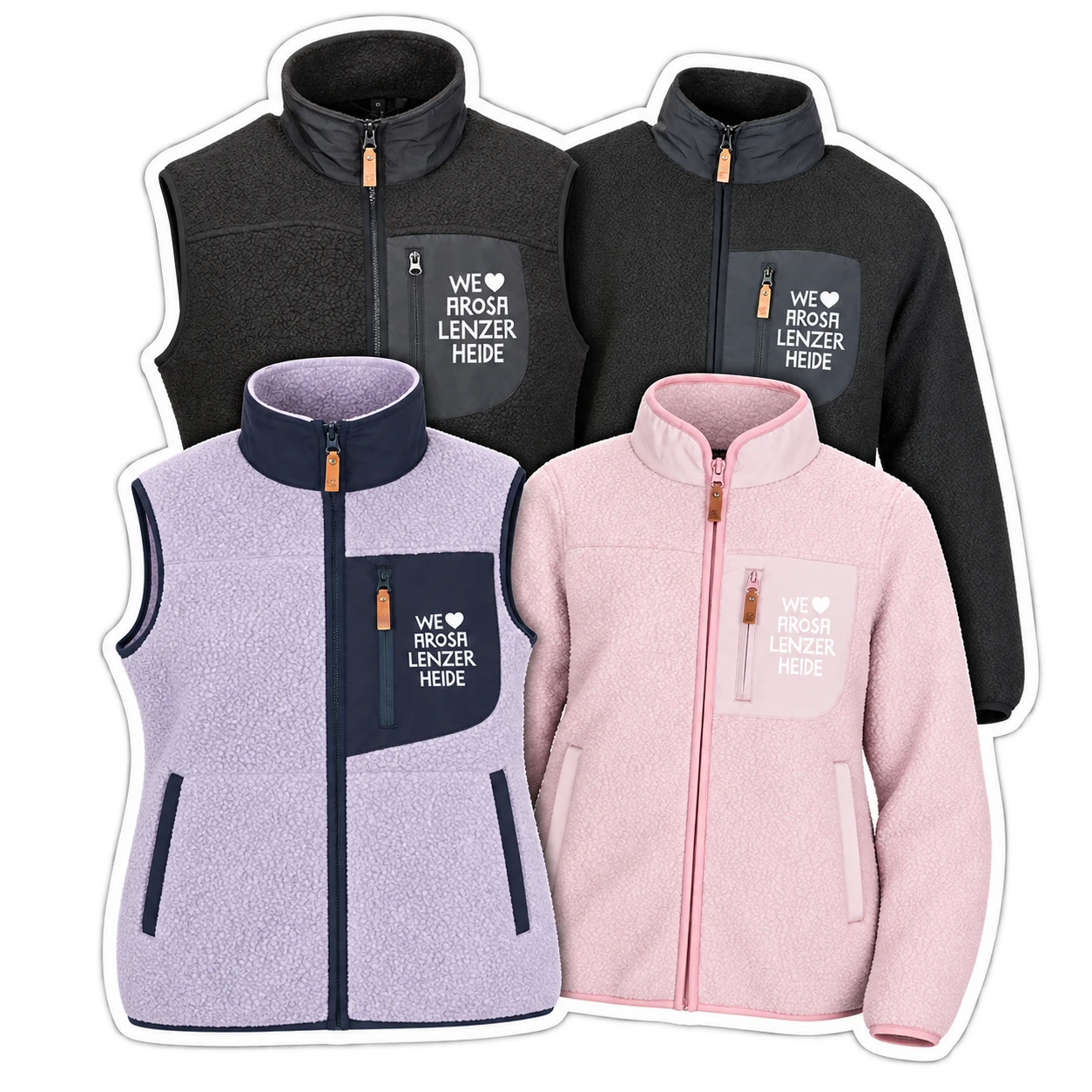 Rukka Fleece-Gilets und Fleece-Jacken mit WLAL-Logo: Fisher und Carson in Schwarz, Charlotte in Lavendel mit dunkelblauer Brusttasche und Tola in Rosa